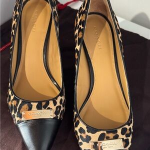 COACH Leopard Print kitten heels with Black Cap Toe and Gold Plaque